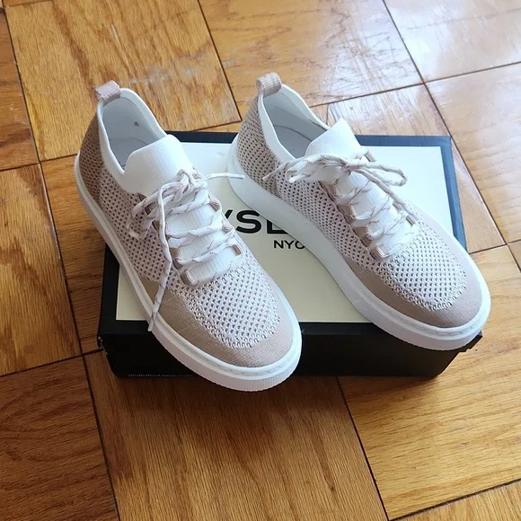 J Slides NYC white/nude Duchess lace-up knitted sneakers - Picture 1 of 14